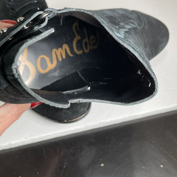 Sam Edelman Pierson Ankle Bootie Size 8.5 Black Suede Woven Cutout Studded Strap - Picture 7 of 12